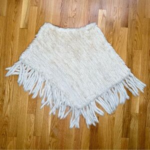VTG Avanti New York Genuine Rabbit Fur Poncho Knitted Fringe Wrap Shawl Cream OS